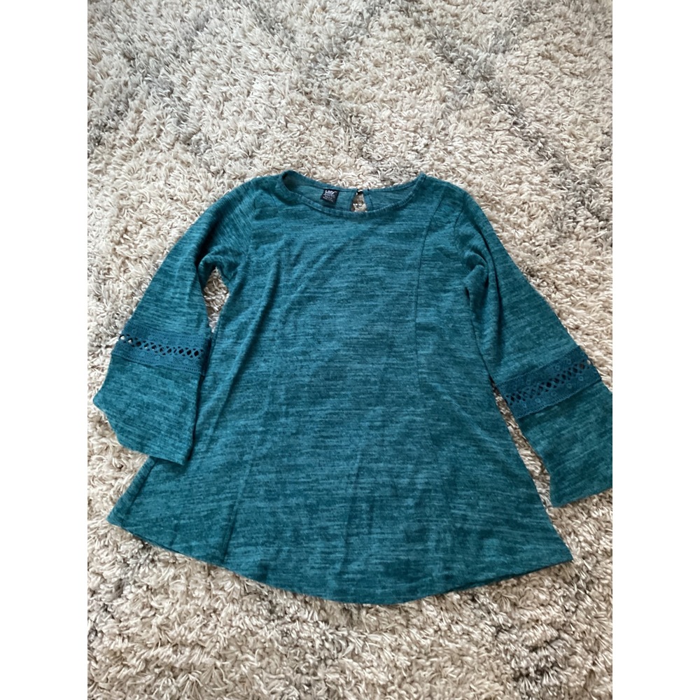 Lildy Button Back Keyhole Space Dye Tunic Teal Crochet‎ Bell Sleeve Top S-M